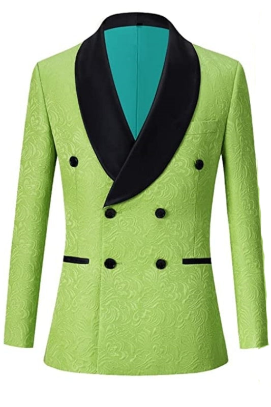 Green Double-Breasted Jacquard Wedding Suit with Black Velvet Shawl Lapel