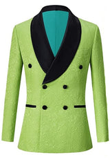 Green Double-Breasted Jacquard Wedding Suit with Black Velvet Shawl Lapel