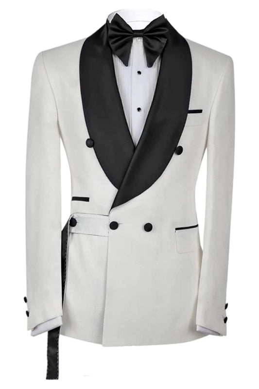 White Double-Breasted Wedding Suit with Black Shawl Lapel