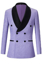 Purple Double-Breasted Jacquard Wedding Suit with Black Velvet Shawl Lapel