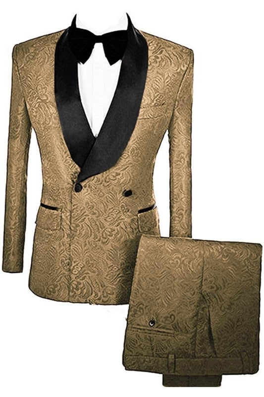 Deep Gold Double Breasted Jacquard Glamorous Wedding Suit with Velvet Lapel