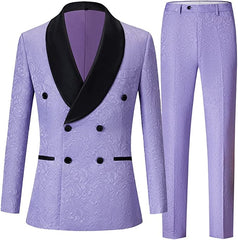 Purple Double-Breasted Jacquard Wedding Suit with Black Velvet Shawl Lapel