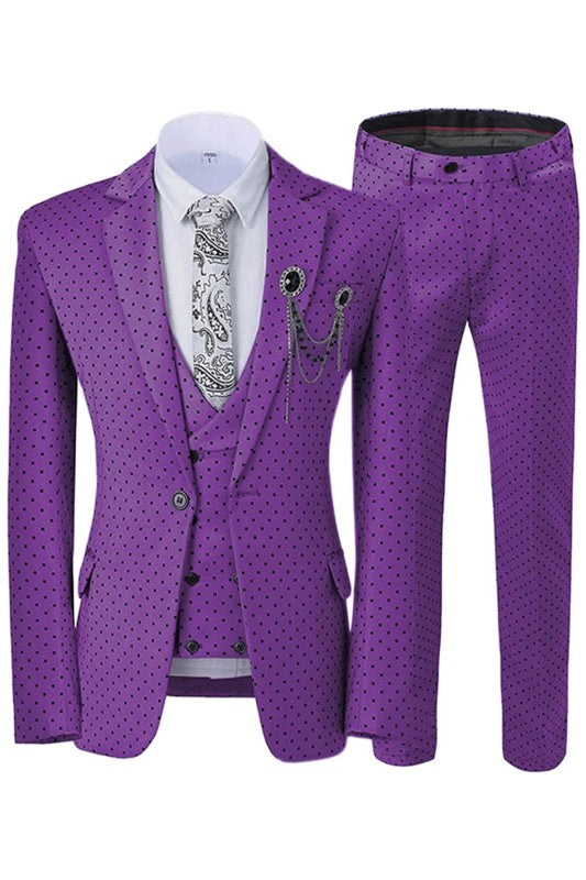 New Arrival Purple Notched Lapel 3-Piece Dot Prom Suit for Men