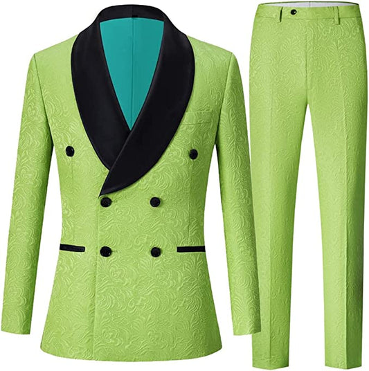 Green Double-Breasted Jacquard Wedding Suit with Black Velvet Shawl Lapel