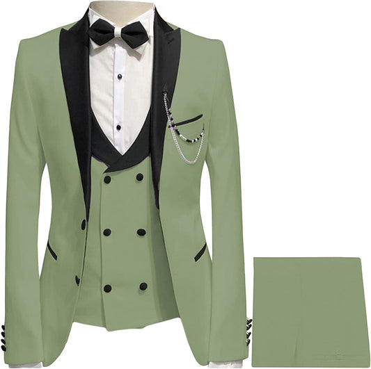 Olive Green Three-Piece Peaked Lapel Prom Suit