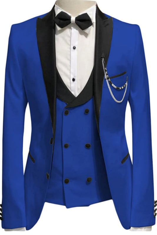 Royal Blue Peaked Lapel 3-Piece Close Fitting Prom Suit