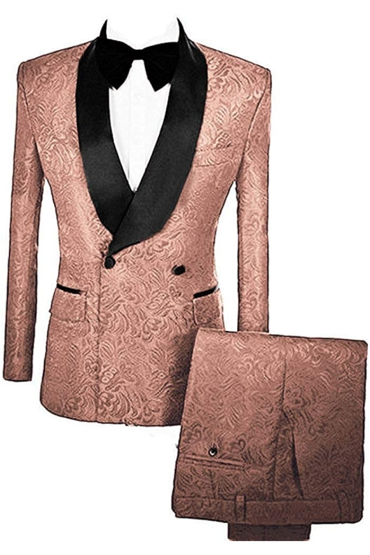 Brown Double-Breasted Jacquard Wedding Suit with Velvet Lapel