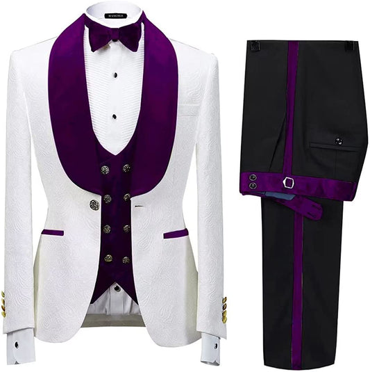 Glamorous Purple Shawl Lapel 3-Piece Jacquard Wedding Suit