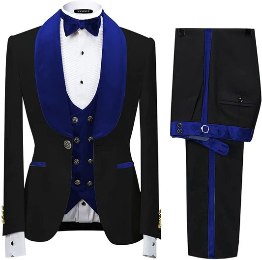 Modern Royal Blue Shawl Lapel 3-Piece Velvet Wedding Suit