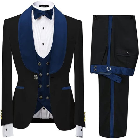 Formal Navy Blue Shawl Lapel 3-Piece Velvet Wedding Suit