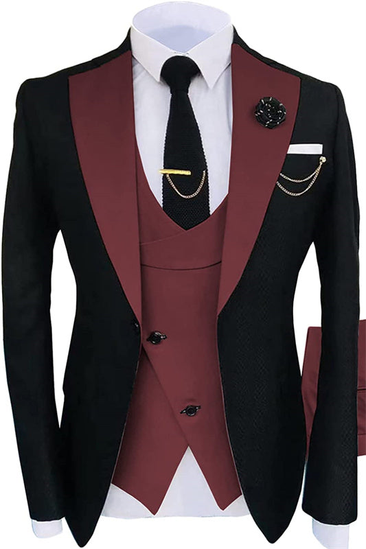 Burgundy Three-Piece Shawl Lapel Prom Suit