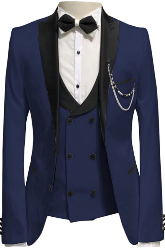 Navy Blue Three-Piece Peaked Lapel Prom Suit