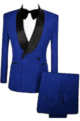 Royal Blue Double-Breasted Jacquard Wedding Suit with Velvet Lapel