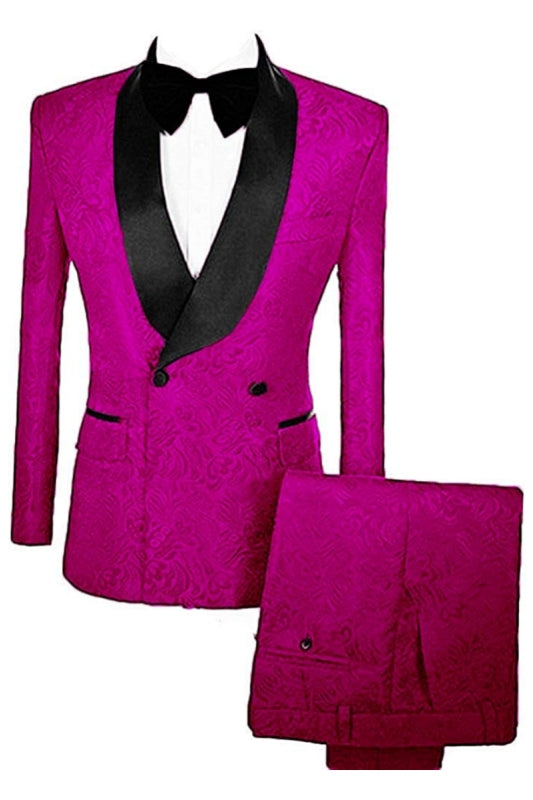 Fuchsia Double-Breasted Jacquard Wedding Suit with Velvet Lapel