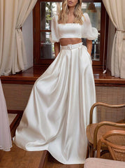 2pcs Square Neckline Wedding Dress with A-line Flutter Sleeves