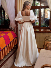 2pcs Square Neckline Wedding Dress with A-line Flutter Sleeves