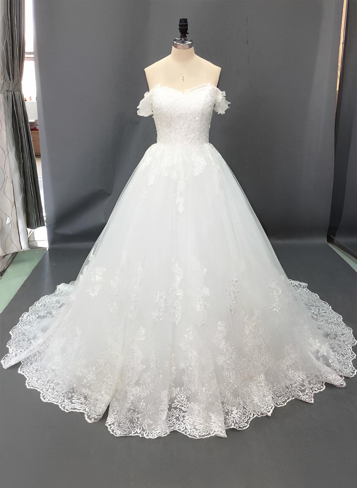 Vintage Ball-Gown Wedding Dresses Off-The-Shoulder Short Sleeves Tulle Lace Court Train