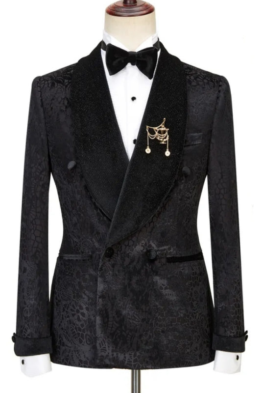 Bespoke Black Jacquard Double Breasted Wedding Suit with Velvet Shawl Lapel