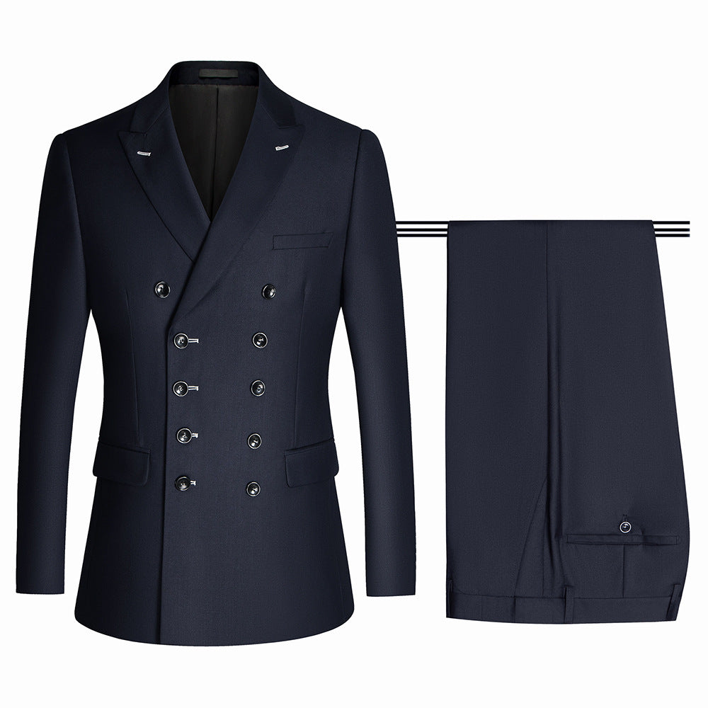 Navy Blue Peaked Lapel Double Breasted Close Fitting Business Suit