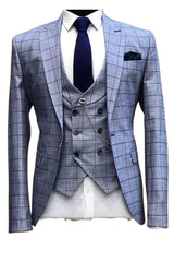 Bespoke Blue Peaked Lapel 3-Piece Plaid Business Suit