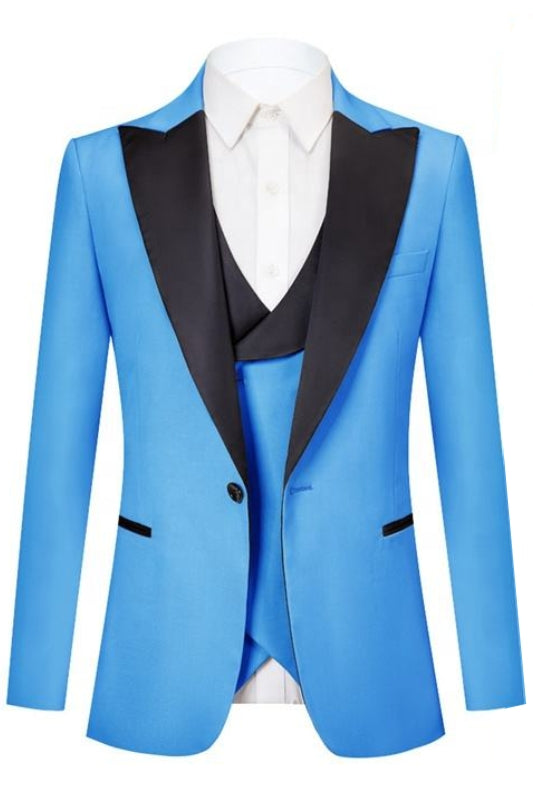 Fashion Blue Peaked Lapel 3-Piece Prom Suit