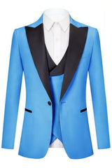 Fashion Blue Peaked Lapel 3-Piece Prom Suit