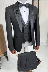 Formal Black Peaked Lapel 3-Piece Business Suit for Men