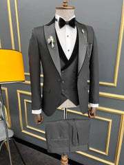 Deep Gray Peaked Lapel 3-Piece Classic Business Suit