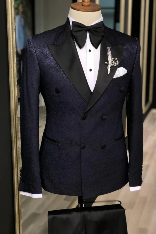 Stylish Black Jacquard Peaked Lapel Double Breasted Prom Suit