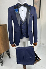 New Arrival Navy Blue Peaked Lapel 3-Piece Prom Suit for Men