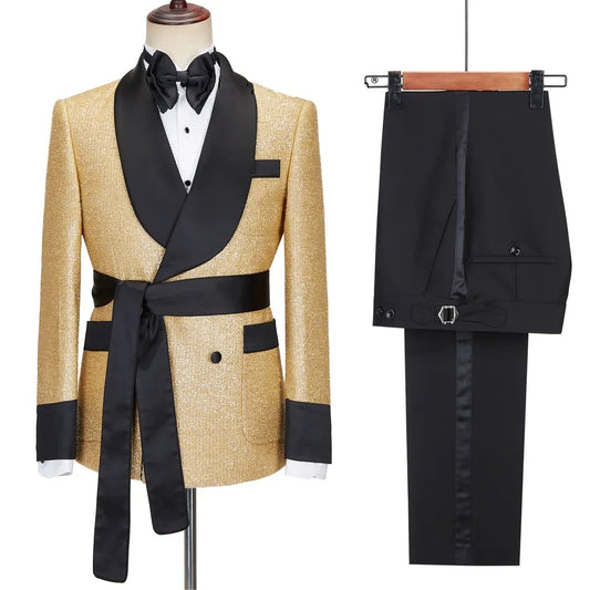 Modern Gold Shawl Lapel Double Breasted Wedding Suit