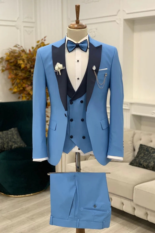 Fancy Blue Peaked Lapel 3-Piece Close Fitting Prom Suit