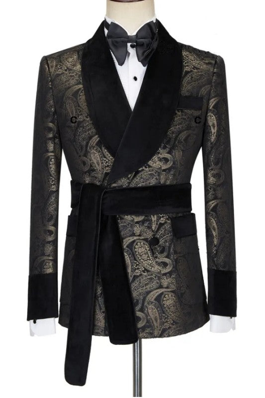 Classic Black Shawl Lapel Double Breasted Jacquard Wedding Suit