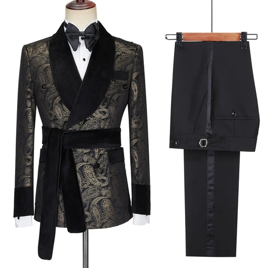 Classic Black Shawl Lapel Double Breasted Jacquard Wedding Suit