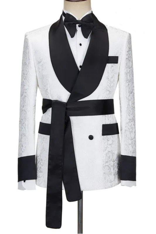 Simple White Double Breasted Jacquard Wedding Suit with Black Shawl Lapel