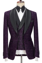 Fashion Purple Sequins Shawl Lapel 3-Piece Wedding Suit