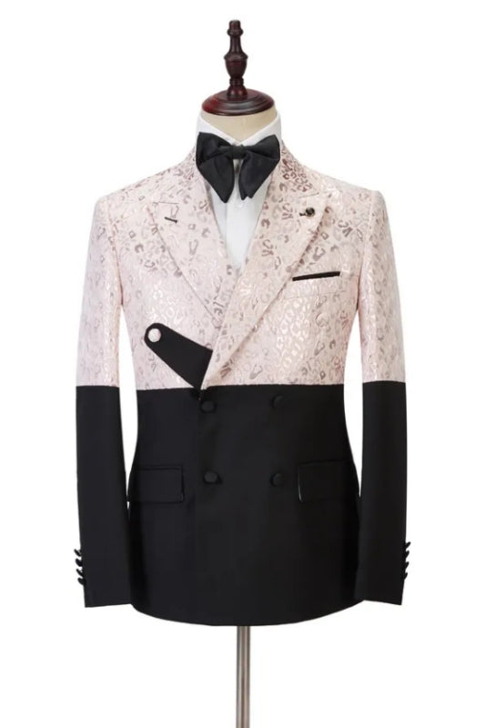 New Arrival Light Pink Jacquard Peaked Lapel Double Breasted Prom Suit