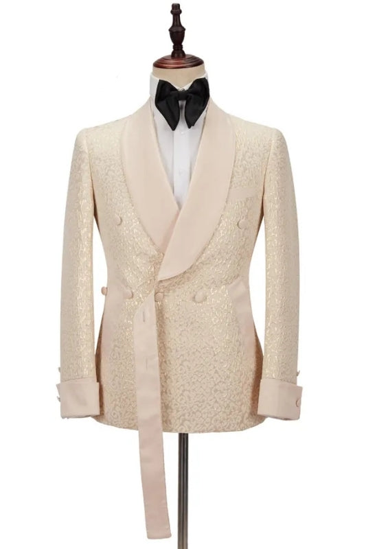 Bespoke Champagne Shawl Lapel Double Breasted Wedding Suit