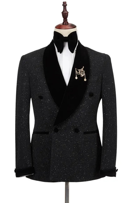 Classic Black Sequins Double Breasted Wedding Suit with Velvet Shawl Lapel