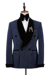 Navy Blue Sequins Double Breasted Close Fitting Wedding Suit with Black Velvet Lapel