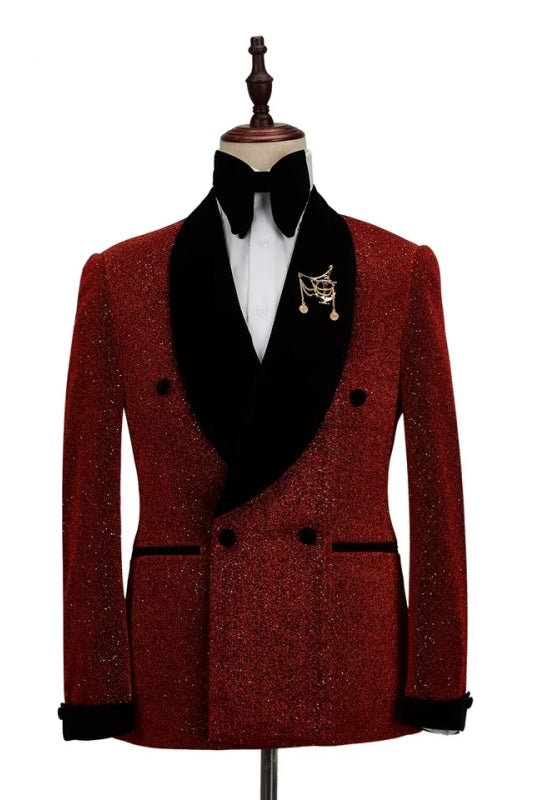 Chic Burgundy Sequins Double Breasted Wedding Suit with Black Velvet Lapel