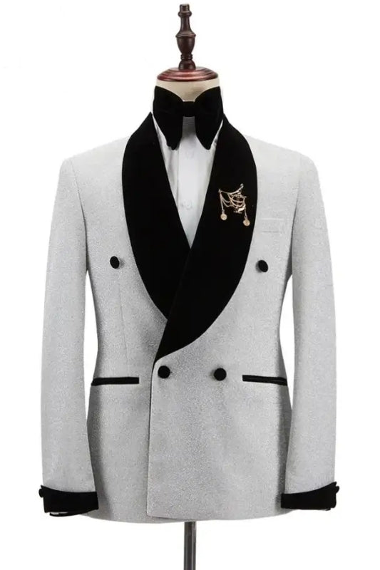 Fancy White Sequins Double Breasted Wedding Suit with Black Velvet Lapel