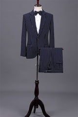 Classic Navy Blue Notched Lapel 2-Piece Striped Business Suit