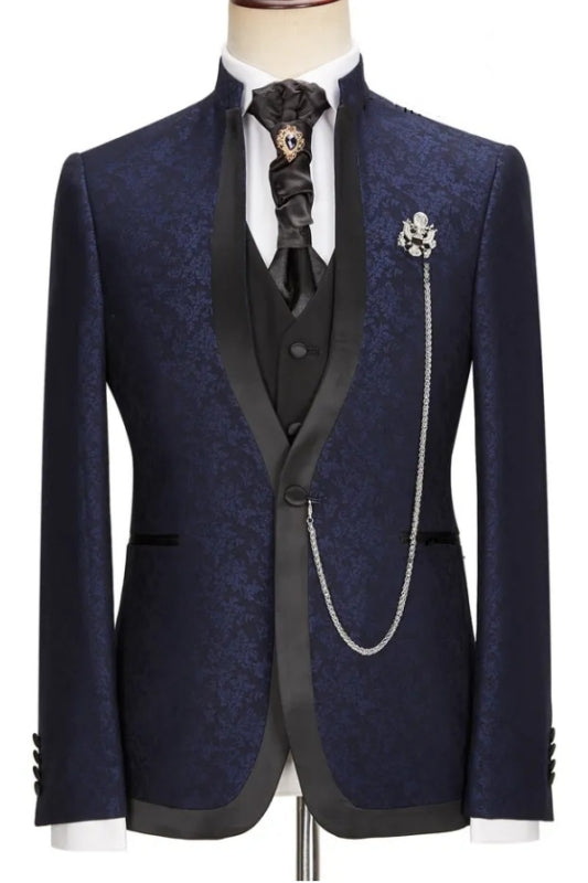 Navy Blue Jacquard Shawl Lapel 3-Piece New Arrival Wedding Suit