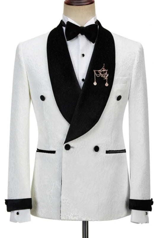 Fancy White Jacquard Double Breasted Wedding Suit with Black Velvet Lapel