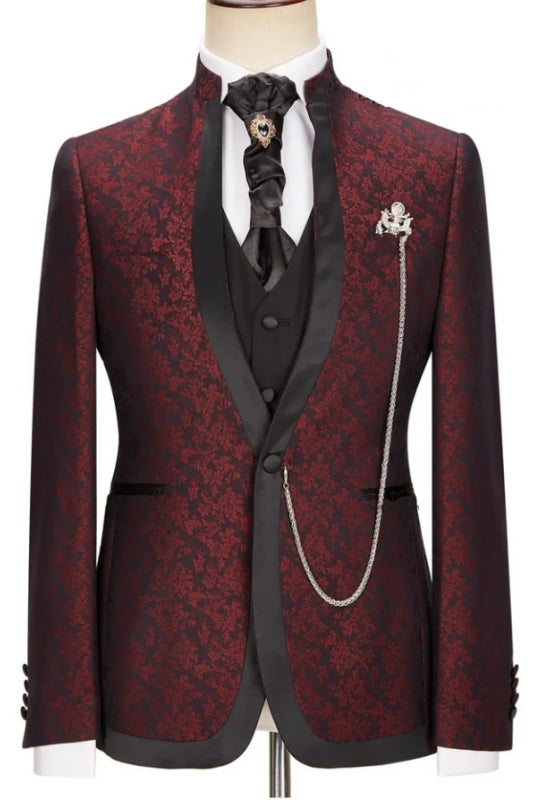 Newest Burgundy Jacquard Shawl Lapel 3-Piece Wedding Suit