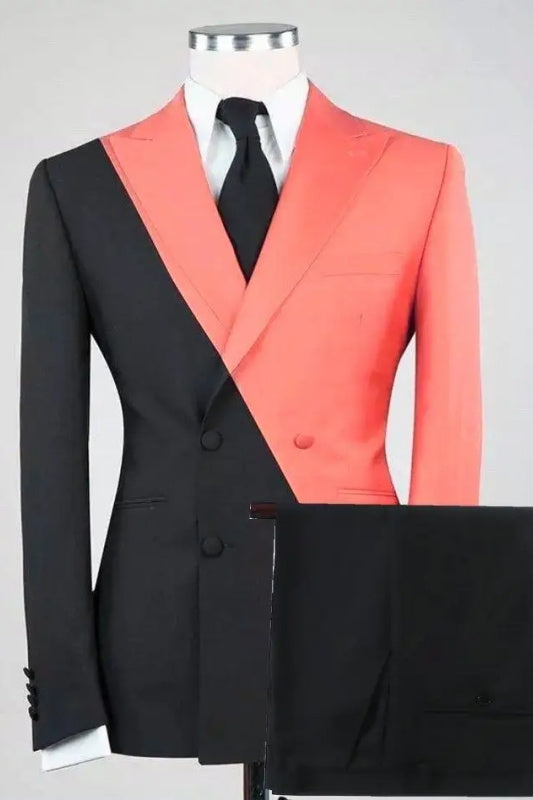 Chic Coral Peaked Lapel Double Breasted Prom Suit