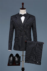 Formal Black Peaked Lapel Double Breasted Striped Business Suit