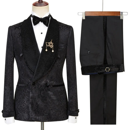 Bespoke Black Jacquard Double Breasted Wedding Suit with Velvet Shawl Lapel