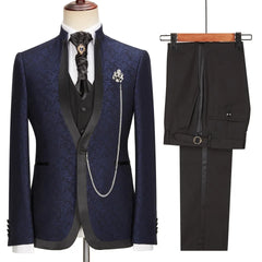 Navy Blue Jacquard Shawl Lapel 3-Piece New Arrival Wedding Suit